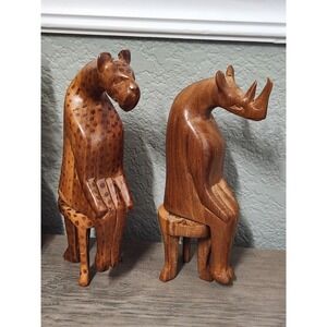 2 Vintage Hand Carved African Animal Figure Cheetah Rhino Sitting On Stool  Read